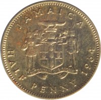 reverse of 1/2 Penny - Elizabeth II - 1'st Portrait (1964 - 1966) coin with KM# 38 from Jamaica. Inscription: JAMAICA HALF PENNY 1964