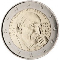 obverse of 2 Euro - 100th Anniversary of the birth of François Mitterrand (2016) coin with KM# 2281 from France. Inscription: 1916 FRANÇOIS MITTERRAND 2016 RF