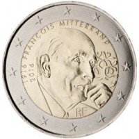 France coin 2 Euro - 100th Anniversary of the birth of François Mitterrand (2016) obverse obverse of 2 Euro - 100th Anniversary of the birth of François Mitterrand (2016) coin with KM# 2281 from France. Inscription: 1916 FRANÇOIS MITTERRAND 2016 RF