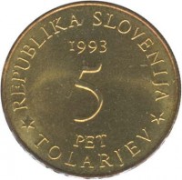 obverse of 5 Tolarjev - 400th Anniversary of the Battle of Sisek (1993) coin with KM# 9 from Slovenia. Inscription: REPUBLIKA SLOVENIJA 1993 PET TOLARJEV