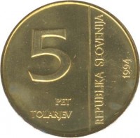 Slovenia coin 5 Tolarjev - 50th Anniversary of Monetary Institute of Slovenia (1994) obverse obverse of 5 Tolarjev - 50th Anniversary of Monetary Institute of Slovenia (1994) coin with KM# 15 from Slovenia. Inscription: 5 PET TOLARJEV REPUBLIKA SLOVENIJA 1994