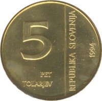 obverse of 5 Tolarjev - 50th Anniversary of Monetary Institute of Slovenia (1994) coin with KM# 15 from Slovenia. Inscription: 5 PET TOLARJEV REPUBLIKA SLOVENIJA 1994