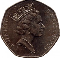 United Kingdom coin 50 Pence - Elizabeth II - Larger; 3'rd Portrait (1985 - 1997) obverse obverse of 50 Pence - Elizabeth II - Larger; 3'rd Portrait (1985 - 1997) coin with KM# 940.1 from United Kingdom. Inscription: ELIZABETH II D · G · REG · F · D · 1997 RDM