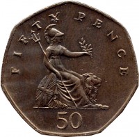 reverse of 50 Pence - Elizabeth II - Larger; 3'rd Portrait (1985 - 1997) coin with KM# 940.1 from United Kingdom. Inscription: FIFTY PENCE 50