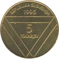 obverse of 5 Tolarjev - Centennial of Erection of Aljaž Tower (1995) coin with KM# 26 from Slovenia. Inscription: REPUBLIKA SLOVENIJA 1995 5 TOLARJEV