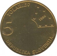 Slovenia coin 5 Tolarjev - 100 Years of First Railway in Slovenia (1996) obverse obverse of 5 Tolarjev - 100 Years of First Railway in Slovenia (1996) coin with KM# 29 from Slovenia. Inscription: TOLARJEV 5 1996 REPUBLIKA SLOVENIJA