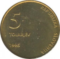 Slovenia coin 5 Tolarjev - 5th Anniversary of Independence (1996) obverse obverse of 5 Tolarjev - 5th Anniversary of Independence (1996) coin with KM# 32 from Slovenia. Inscription: 5 TOLARJEV 1996 REPUBLIKA SLOVENIJA