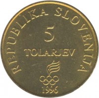 Slovenia coin 5 Tolarjev - Olympics Centennial (1996) obverse obverse of 5 Tolarjev - Olympics Centennial (1996) coin with KM# 33 from Slovenia. Inscription: REPUBLIKA SLOVENIJA 5 TOLARJEV 1996