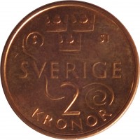 reverse of 2 Krona - Carl XVI Gustaf (2016) coin with KM# 929 from Sweden. Inscription: SVERIGE 2 KRONOR