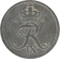 obverse of 5 Øre - Frederik IX (1950 - 1964) coin with KM# 843 from Denmark. Inscription: FR IX 1954