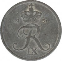 Denmark coin 5 Øre - Frederik IX (1950 - 1964) obverse obverse of 5 Øre - Frederik IX (1950 - 1964) coin with KM# 843 from Denmark. Inscription: FR IX 1954