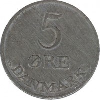 reverse of 5 Øre - Frederik IX (1950 - 1964) coin with KM# 843 from Denmark. Inscription: 5 ØRE DANEMARK N♥ S