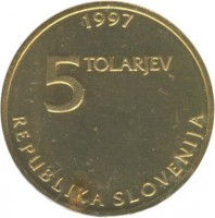 obverse of 5 Tolarjev - 250th Birthday of Žiga Zois (1997) coin with KM# 38 from Slovenia. Inscription: 1997 5 TOLARJEV REPUBLIKA SLOVENIJA