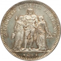 obverse of 5 Francs (1870 - 1889) coin with KM# 820 from France. Inscription: LIBERTÉ ÉGALITÉ FRATERNITÉ