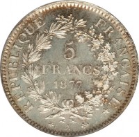 France coin 5 Francs (1870 - 1889) reverse reverse of 5 Francs (1870 - 1889) coin with KM# 820 from France. Inscription: RÉPUBLIQUE FRANÇAISE 5 FRANCS 1877 A