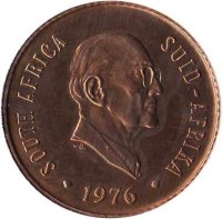 obverse of 2 cents - The End of Jacobus Johannes Fouche's Presidency (1976) coin with KM# 92 from South Africa. Inscription: SOUTH AFRICA SUID - AFRIKA · 1976 ·