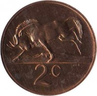 reverse of 2 cents - The End of Jacobus Johannes Fouche's Presidency (1976) coin with KM# 92 from South Africa. Inscription: 2c JvZ.