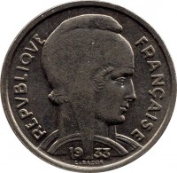 obverse of 5 Francs (1933) coin with KM# 887 from France. Inscription: REPVBLIQVE FRANÇAISE 19 33 L.BAZOR