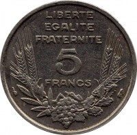 reverse of 5 Francs (1933) coin with KM# 887 from France. Inscription: LIBERTE EGALITE FRATERNITE 5 FRANCS