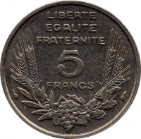 France coin 5 Francs (1933) reverse reverse of 5 Francs (1933) coin with KM# 887 from France. Inscription: LIBERTE EGALITE FRATERNITE 5 FRANCS