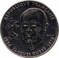 obverse of 1 Franc - Jacques Rueff (1996) coin with KM# 1160 from France. Inscription: 1896 JACQUES RUEFF 1996 RÉPUBLIQUE FRANÇAISE RODIER