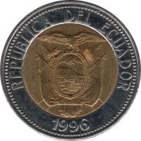 obverse of 1000 Sucres (1996) coin with KM# 99 from Ecuador. Inscription: REPUBLICA DEL ECUADOR 1996