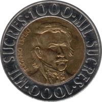 reverse of 1000 Sucres (1996) coin with KM# 99 from Ecuador. Inscription: 1000 - MIL SUCRES - 1000 - MIL SUCRES EUGENIO ESPEJO