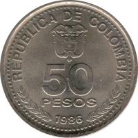 obverse of 50 Pesos - 100th Anniversary of National Constitution and 50th Anniversary of Constitutional Reform (1986 - 1989) coin with KM# 272 from Colombia. Inscription: REPUBLICA DE COLOMBIA 50 PESOS 1988
