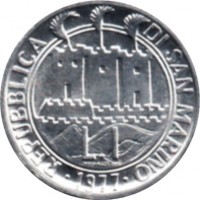 obverse of 1 Lira - FAO: Protection of Nature (1977) coin with KM# 63 from San Marino. Inscription: REPUBBLICA DI SAN MARINO L.1 1977