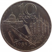 France coin 10 Francs - Stendhal (1983) reverse reverse of 10 Francs - Stendhal (1983) coin with KM# 953 from France. Inscription: 10 FRANCS 1983 J. MAUVIEL