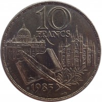 reverse of 10 Francs - Stendhal (1983) coin with KM# 953 from France. Inscription: 10 FRANCS 1983 J. MAUVIEL