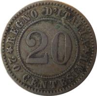 Italy coin 20 Centesimi - Umberto I (1894 - 1895) reverse reverse of 20 Centesimi - Umberto I (1894 - 1895) coin with KM# 28 from Italy. Inscription: REGNO D'ITALIA 20 CENTESIMI 20