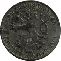 obverse of 50 Haléřů (1940 - 1944) coin with KM# 3 from Bohemia and Moravia. Inscription: Böhmen und Mähren 1941 ČECHY A MORAVA