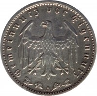 Germany coin 1 Reichsmark (1933 - 1939) obverse obverse of 1 Reichsmark (1933 - 1939) coin with KM# 78 from Germany. Inscription: Gemeinnutz vor Eigennutz A