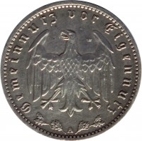 obverse of 1 Reichsmark (1933 - 1939) coin with KM# 78 from Germany. Inscription: Gemeinnutz vor Eigennutz A