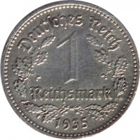 Germany coin 1 Reichsmark (1933 - 1939) reverse reverse of 1 Reichsmark (1933 - 1939) coin with KM# 78 from Germany. Inscription: Deutsches Reich 1 Reichsmark 1935