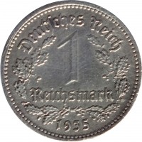 reverse of 1 Reichsmark (1933 - 1939) coin with KM# 78 from Germany. Inscription: Deutsches Reich 1 Reichsmark 1935