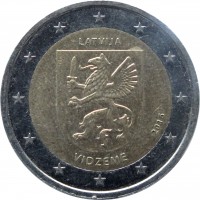 obverse of 2 Euro - Vidzeme (2016) coin with KM# 176 from Latvia. Inscription: LATVIJA 2016 VIDZEME