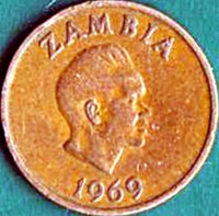 obverse of 1 Ngwee (1968 - 1978) coin with KM# 9 from Zambia. Inscription: ZAMBIA 1969