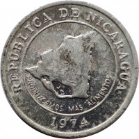 obverse of 10 Centavos de Córdoba - FAO (1974) coin with KM# 29 from Nicaragua. Inscription: REPÚBLICA DE NICARAGUA PRODUZCAMOS MAS ALIMENTOS 1974