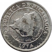 Nicaragua coin 10 Centavos de Córdoba - FAO (1974) obverse obverse of 10 Centavos de Córdoba - FAO (1974) coin with KM# 29 from Nicaragua. Inscription: REPÚBLICA DE NICARAGUA PRODUZCAMOS MAS ALIMENTOS 1974