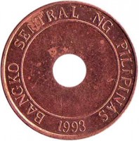 obverse of 5 Sentimo (1995 - 2014) coin with KM# 268 from Philippines. Inscription: BANGKO SENTRAL NG PILIPINAS 1993