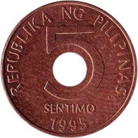 reverse of 5 Sentimo (1995 - 2014) coin with KM# 268 from Philippines. Inscription: REPUBLIKA NG PILIPINAS 5 SENTIMO 2001