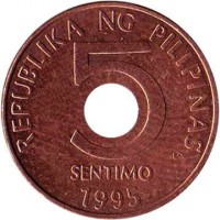 Philippines coin 5 Sentimo (1995 - 2014) reverse reverse of 5 Sentimo (1995 - 2014) coin with KM# 268 from Philippines. Inscription: REPUBLIKA NG PILIPINAS 5 SENTIMO 2001