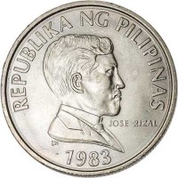 obverse of 1 Piso (1983 - 1990) coin with KM# 243.1 from Philippines. Inscription: REBUBLIKA NG PILIPINAS JOSE RIZAL 1983