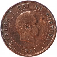 obverse of 20 Réis - Carlos I (1891 - 1892) coin with KM# 533 from Portugal. Inscription: CARLOS I REI DE PORTUGAL ALVES · 1892 ·