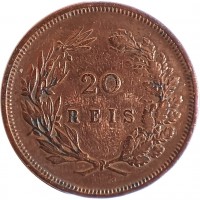 reverse of 20 Réis - Carlos I (1891 - 1892) coin with KM# 533 from Portugal. Inscription: 20 R E I S