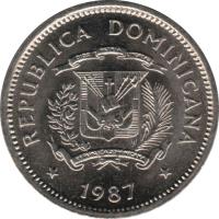obverse of 5 Centavos - Human Rights (1983 - 1987) coin with KM# 59 from Dominican Republic. Inscription: REPUBLICA DOMINICANA DIOS PATRIA LIBERTAD REPUBLICA DOMINICANA