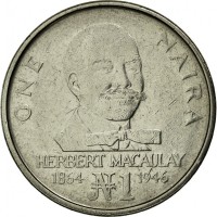 reverse of 1 Naira (1991 - 1993) coin with KM# 14 from Nigeria. Inscription: ONE NAIRA HERBERT MACAULAY 1864 ₦1 1946