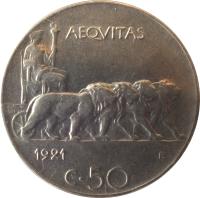 reverse of 50 Centesimi - Vittorio Emanuele III (1919 - 1935) coin with KM# 61 from Italy. Inscription: AEQVITAS G.R.M. 1919 R C. 50